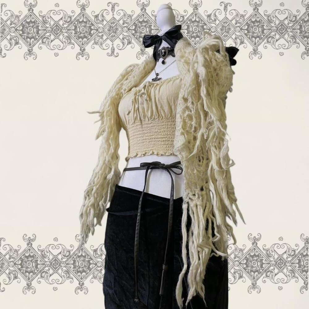 Cream white shaggy knitted shawl